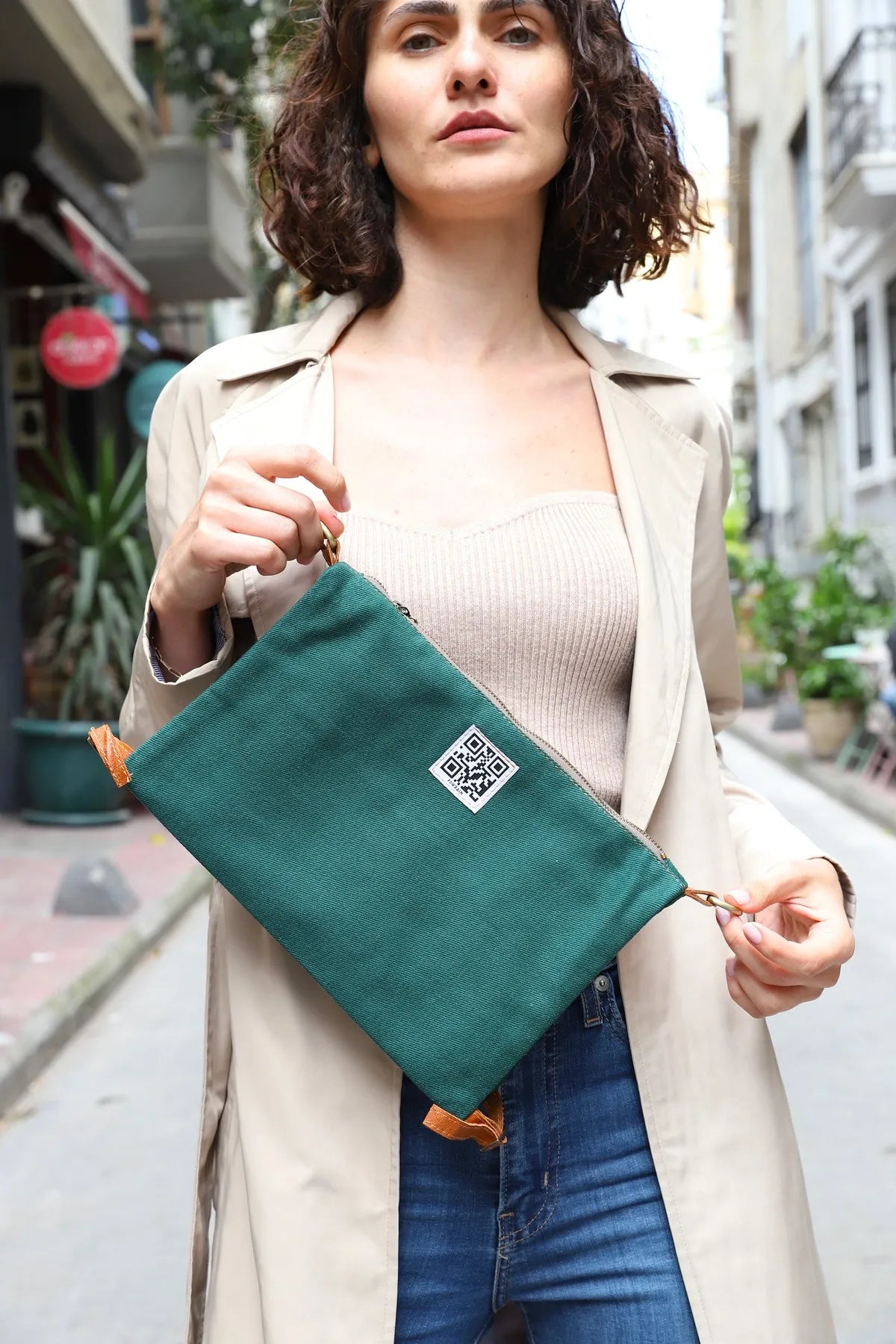 POWRAİN-S Handmade Green Canvas Clutch Bag | Portable Crossbody with Adjustable Strap