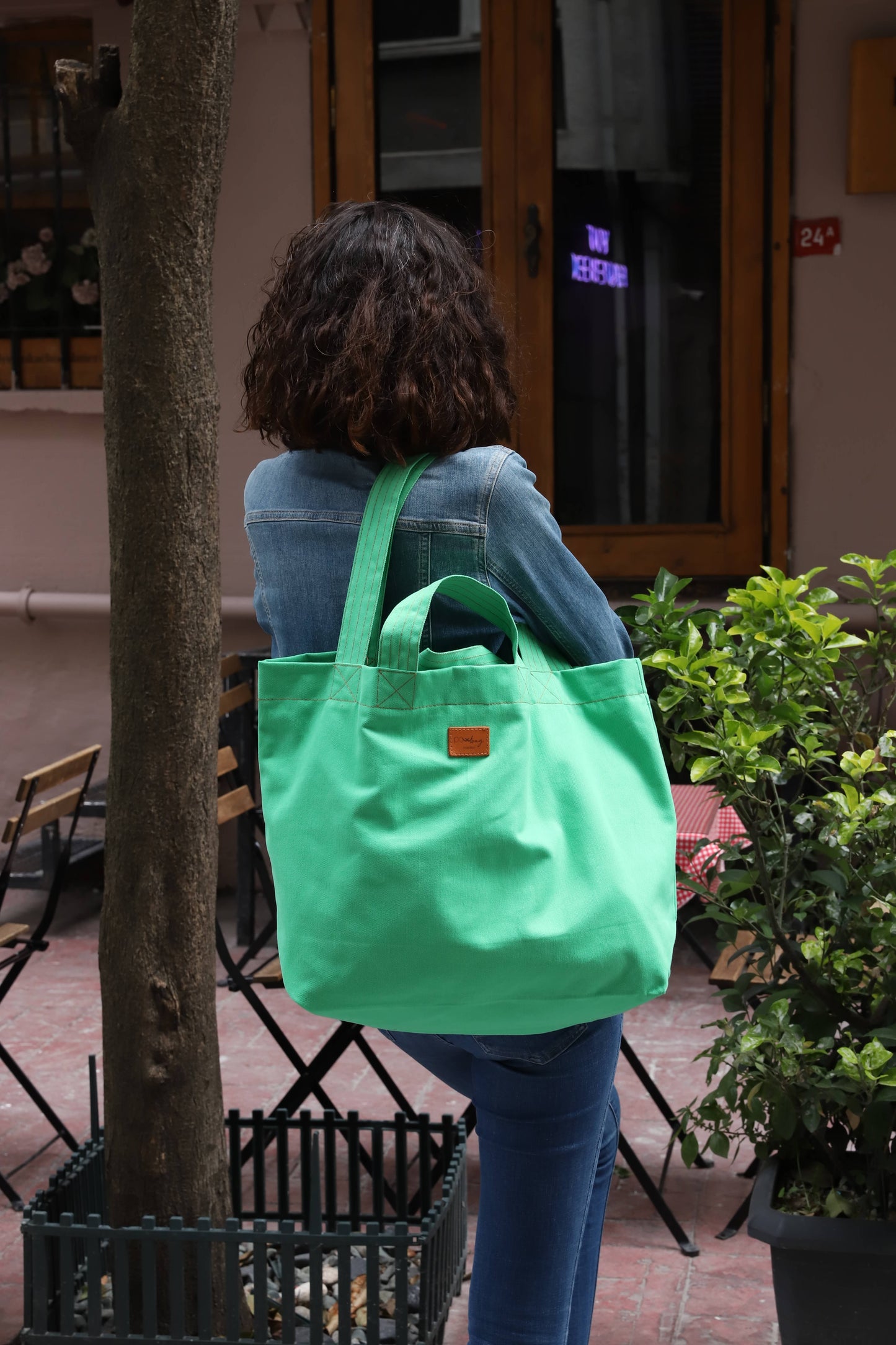 CARRİER Neon Green Color Patterned Canvas Tote Bag with Cotton Lining – Shoulder and Hand Bag