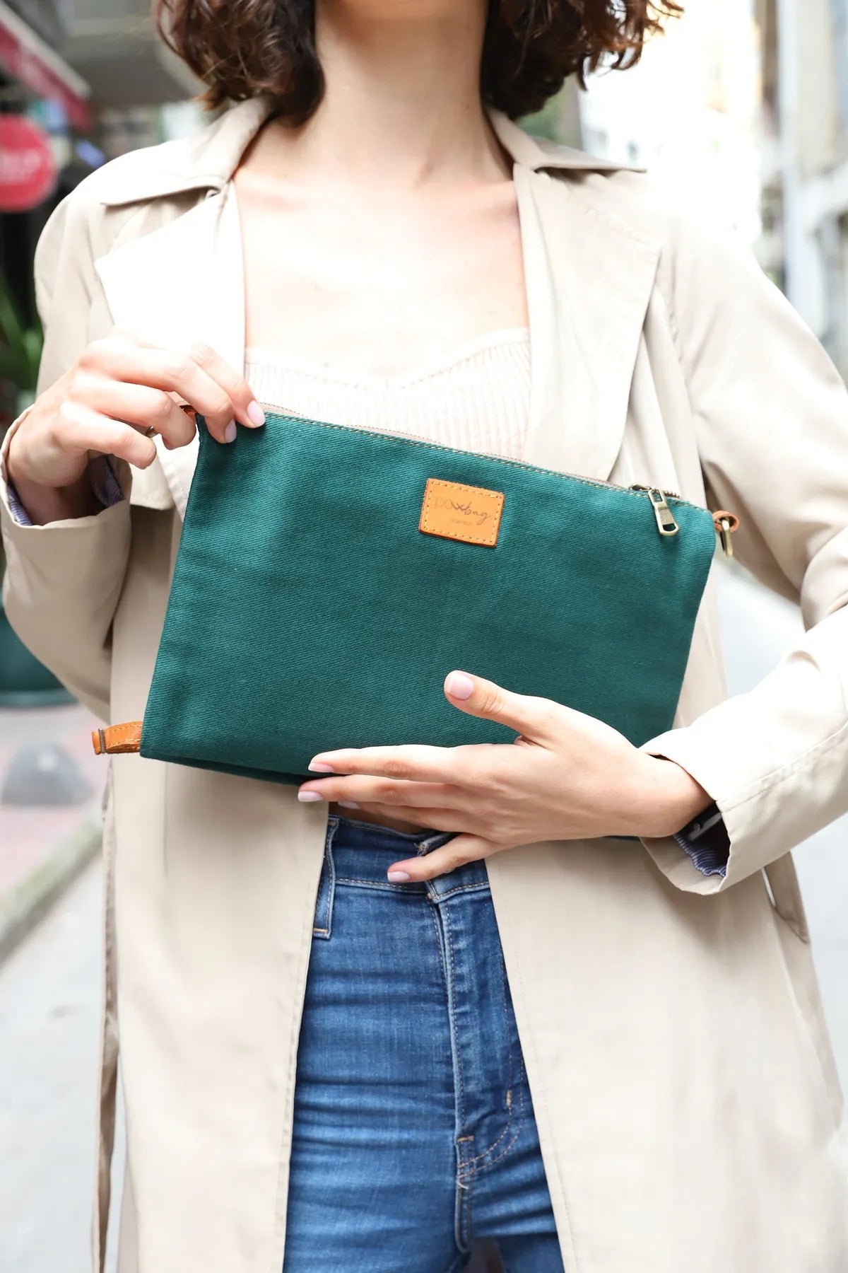 POWRAİN-S Handmade Green Canvas Clutch Bag | Portable Crossbody with Adjustable Strap